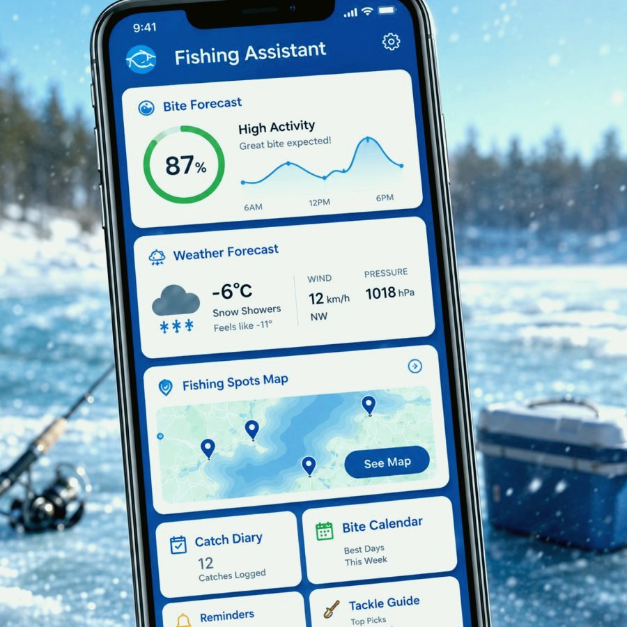 Fishing map screen with saved spots